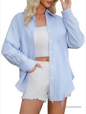 Cotton Polyester Blend Button Down Shirt Long Sleeve Loose Fit